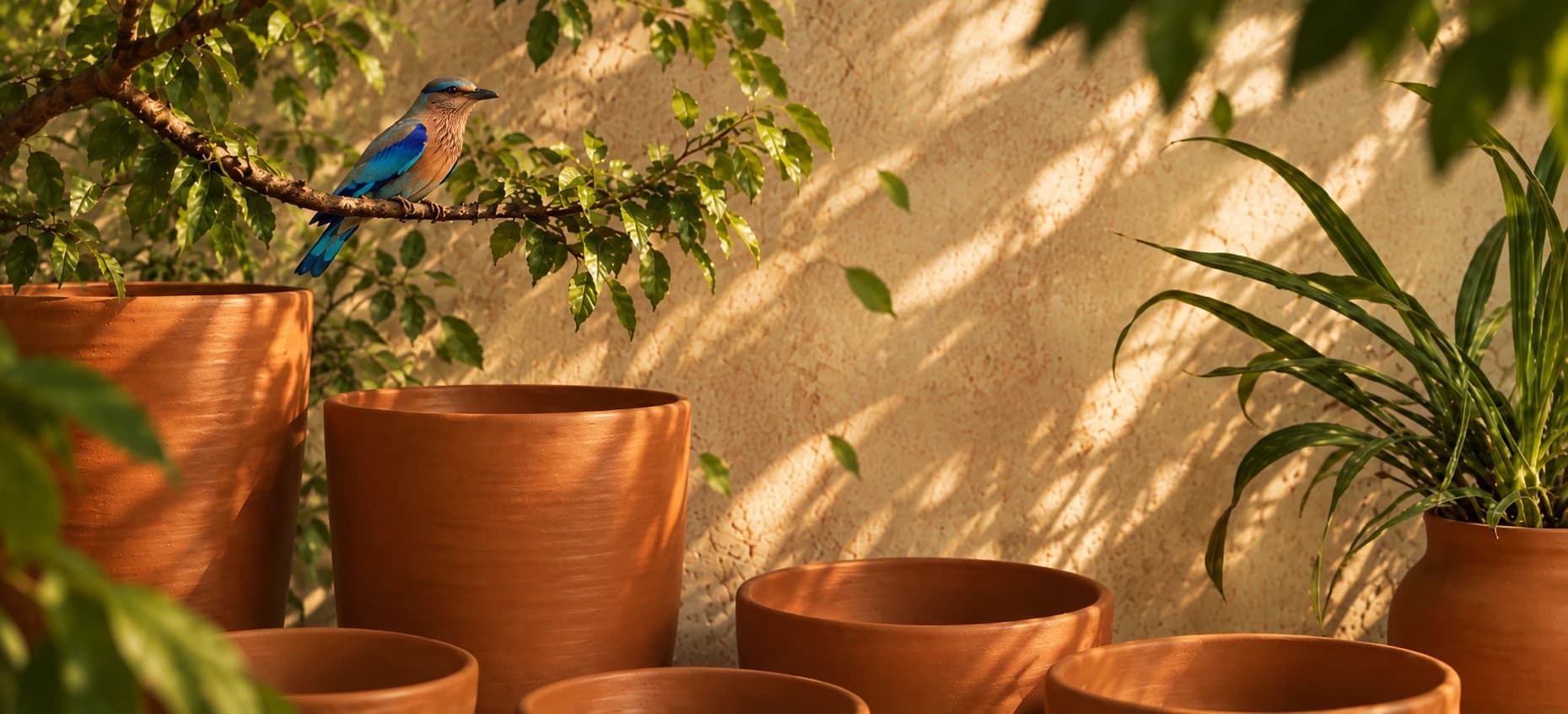 Terracotta pots against a sunlit earthen wall, with an Indian roller perched on a leafy branch