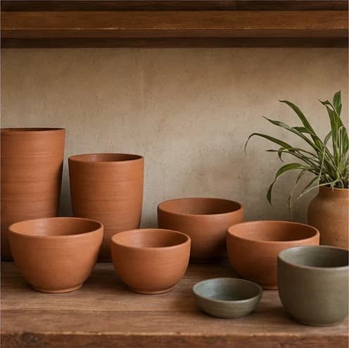 Terracotta objects resting beside natural textures in warm studio light