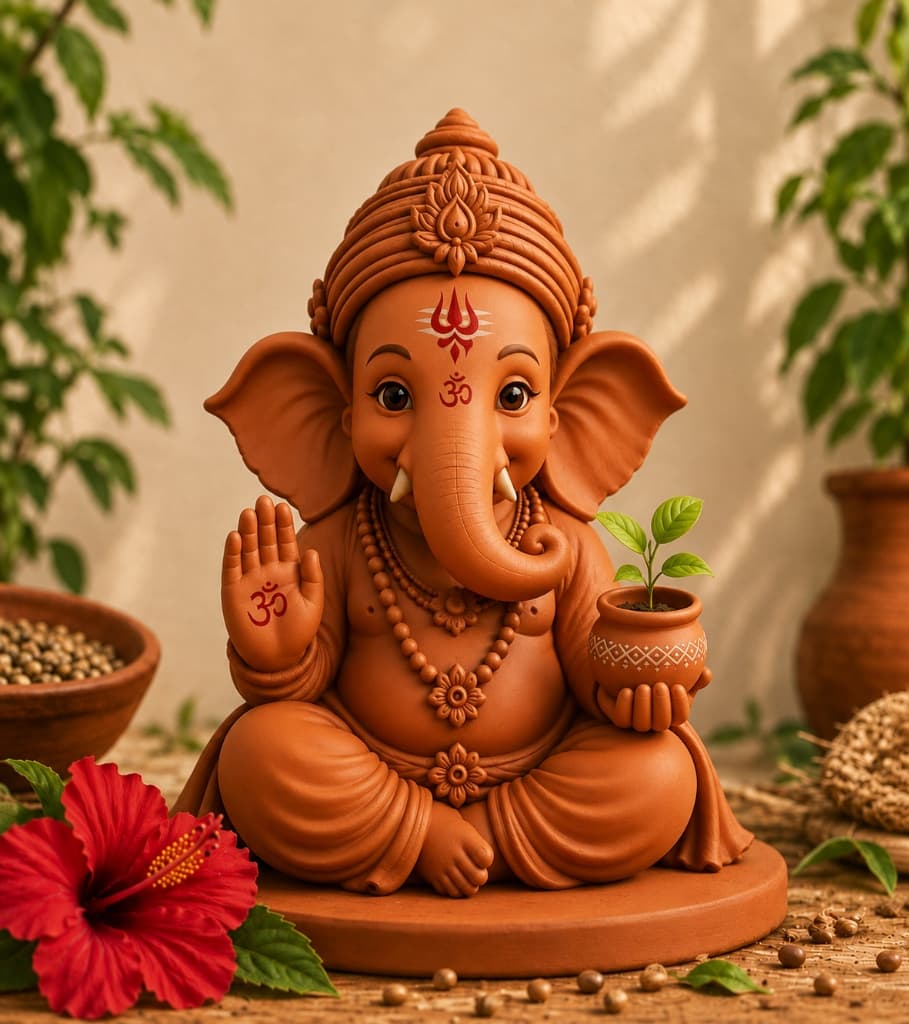 Handmade terracotta Seed Ganesha holding a plant pot with red hibiscus