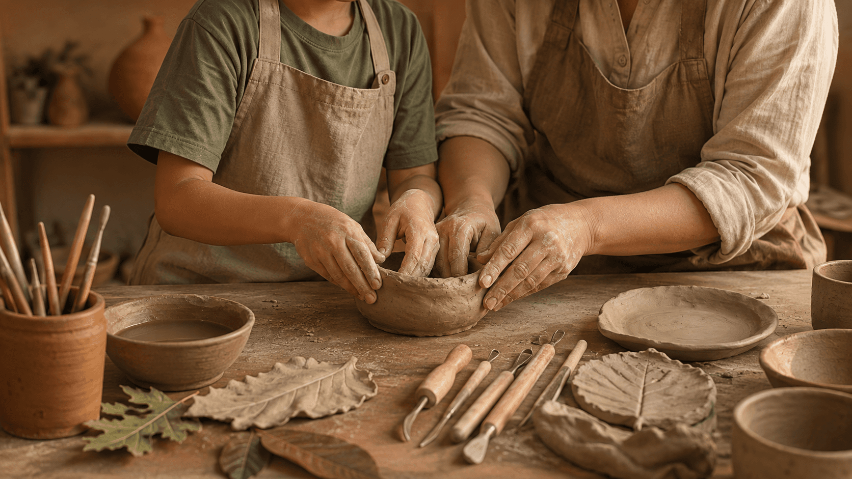 A family noticing clay textures together